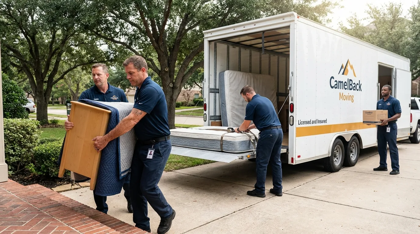 Crew loading residential truck for cross-state move from Westlake, LA