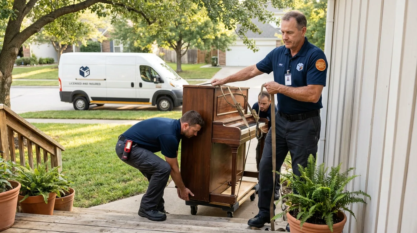 Licensed piano movers securing grand piano in Westlake, LA