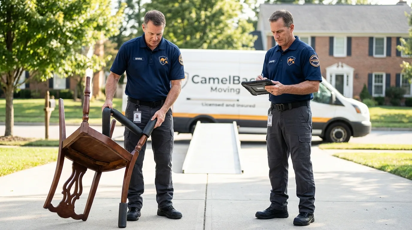 Movers inspecting furniture for damage prevention before loading in Westlake, LA