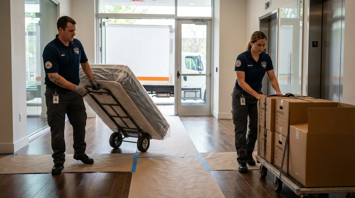 Professional apartment movers loading elevator in Westlake, LA