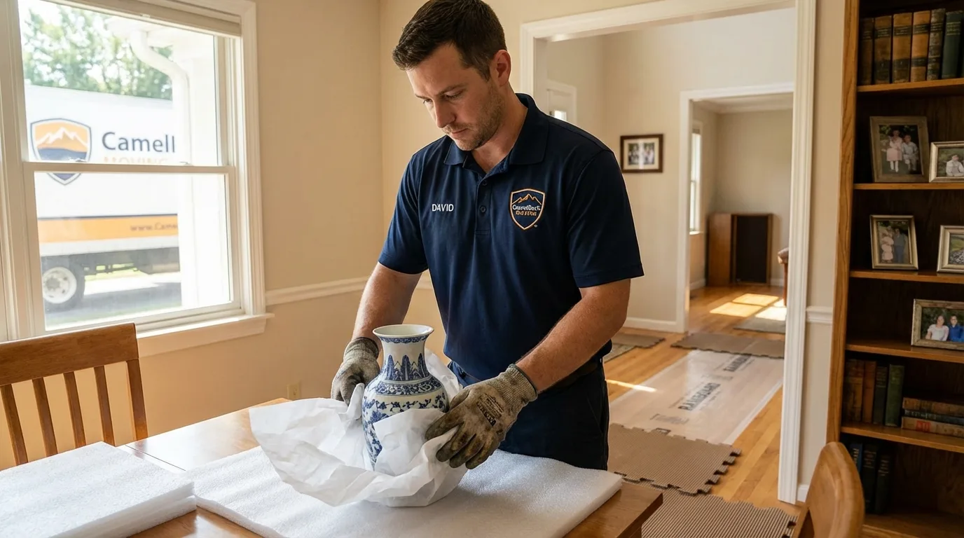 Professional crew carefully wrapping antique vase for senior downsizing move in Westlake, LA